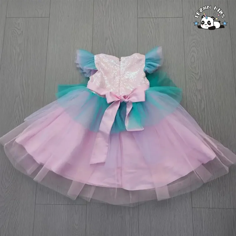 LEZONKIDS - Vestido de gala infantil com lantejoulas coloridas, manga bufante, azul, rosa, camadas para festa de aniversário, vestido de princesa para menina
